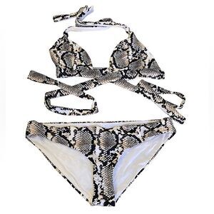 Vitamin A bikini size Med snake print cream black crisscross top
